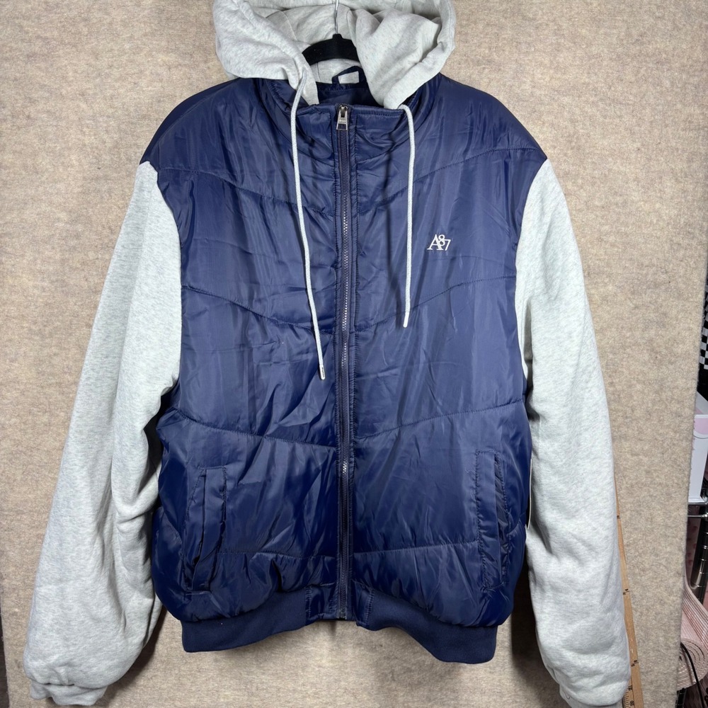 Aeropostale Mens Puffer Jacket Hooded Colorblock Blue Gray 3XL ATH00516X NWT